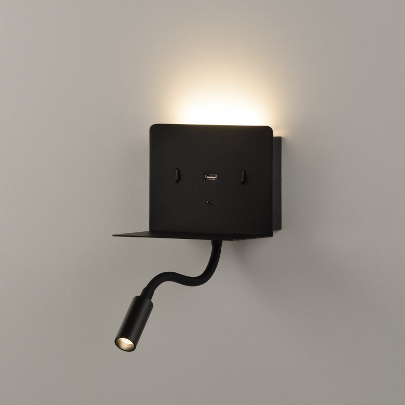 Calma Wall Lamp 16/3836 Black, LED 6W 3000K 630lm + 3W 3000K 285lm, CRI90 CL.I, Two switches, Adjustable, With USB, WITH USBC