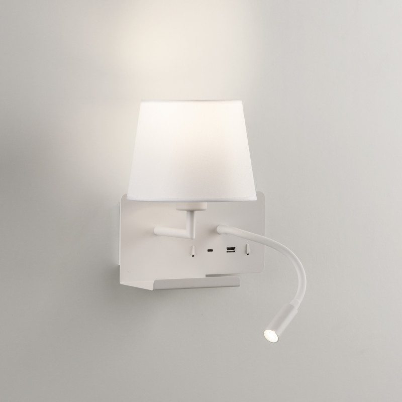 Hold Wall Lamp 16/3664 White, White Shade, LED 3W 3000K 285lm + LED E27 15W, CRI90 CL.I, Two switches, Adjustable, With USB, WIT