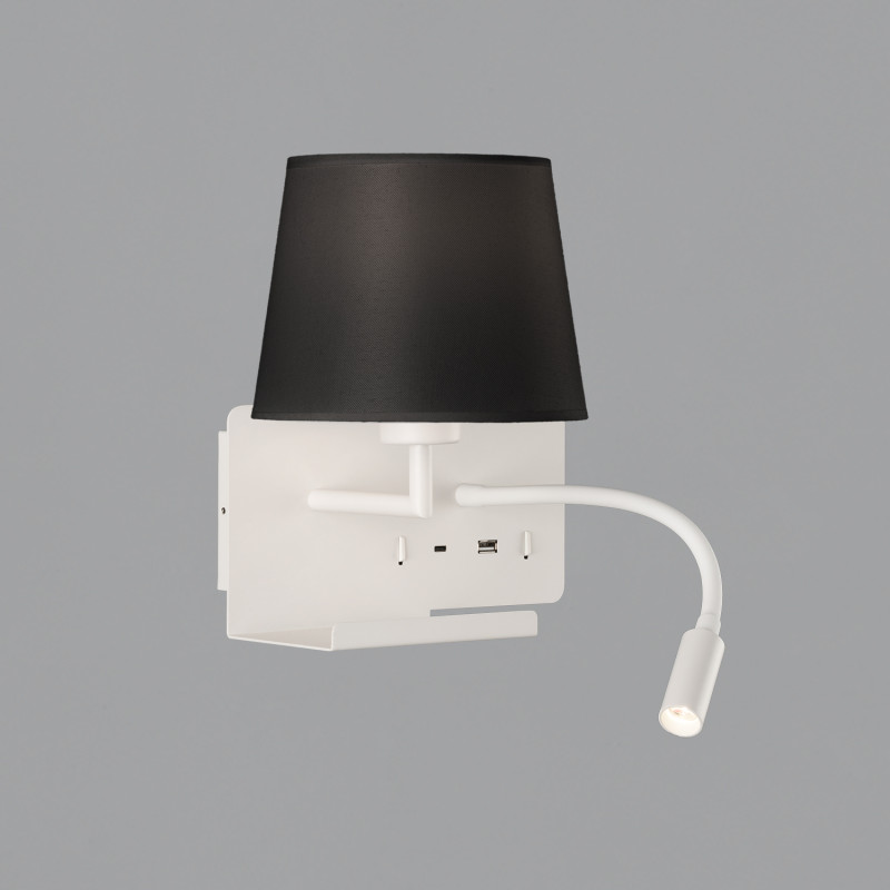 Hold Wall Lamp 16/3664 White, Black Shade, LED 3W 3000K 285lm + LED E27 15W, CRI90 CL.I, Two switches, Adjustable, With USB, WIT