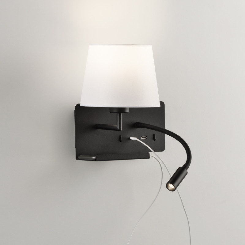 Hold Wall Lamp 16/3664 Black, White Shade, LED 3W 3000K 285lm + LED E27 15W, CRI90 CL.I, Two switches, Adjustable, With USB, WIT