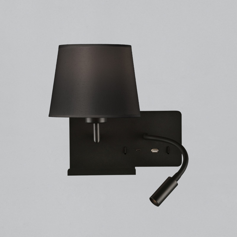 Hold Wall Lamp 16/3664 Black, Black Shade, LED 3W 3000K 285lm + LED E27 15W, CRI90 CL.I, Two switches, Adjustable, With USB, WIT