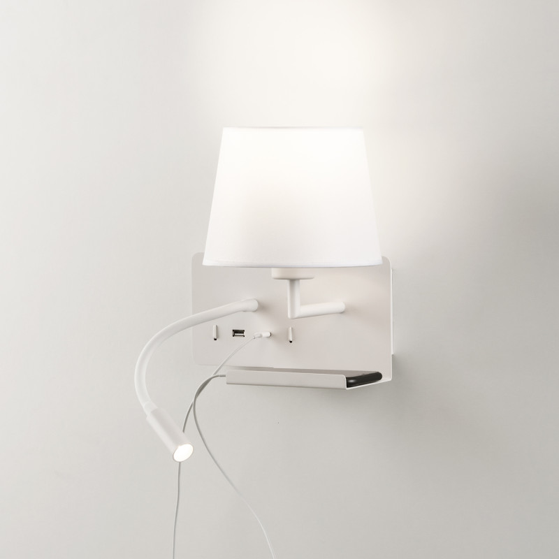 Hold Wall Lamp 16/3664 White, White Shade, LED 3W 3000K 285lm + LED E27 15W, CRI90 CL.I, Two switches, Adjustable, With USB, WIT
