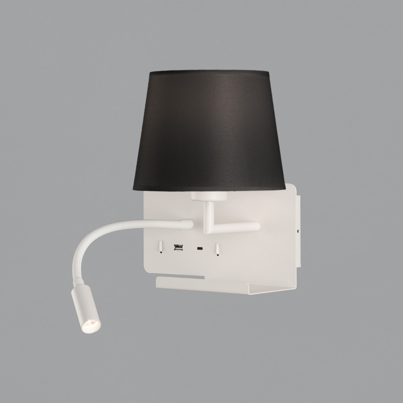 Hold Wall Lamp 16/3664 White, Black Shade, LED 3W 3000K 285lm + LED E27 15W, CRI90 CL.I, Two switches, Adjustable, With USB, WIT