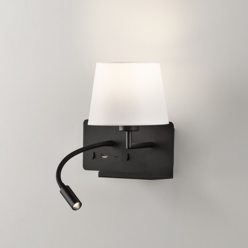 Hold Wall Lamp 16/3664 Black, White Shade, LED 3W 3000K 285lm + LED E27 15W, CRI90 CL.I, Two switches, Adjustable, With USB, WIT