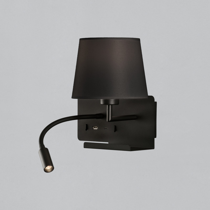 Hold Wall Lamp 16/3664 Black, Black Shade, LED 3W 3000K 285lm + LED E27 15W, CRI90 CL.I, Two switches, Adjustable, With USB, WIT