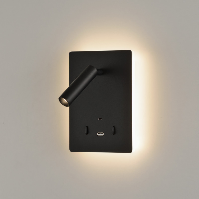 Manat Wall Lamp 16/3568 Black, LED 12W 3000K 970lm + 3W 3000K 285lm, CRI90 CL.I, Two switches, Adjustable, With USB, WITH USBC