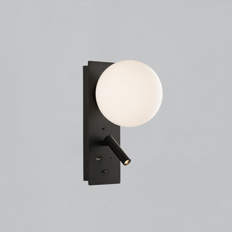 Kin Wall Lamp 16/8169 Black/Opal, LED 8W 2700K 370lm + 3W 2700K 285lm, CRI90 CL.I, Integrated LED, Two switches, With USB, USB-C