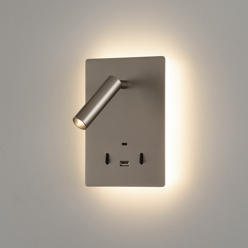 Manat Wall Lamp 16/3568 Nickel Mate, LED 5W 3000K 415lm + 3W 3000K 285lm, CRI90 CL.I, Two switches, With USB, USB-C, Adjustable