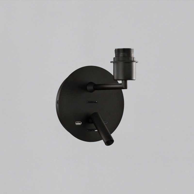 Stilo Wall Lamp 16/8202 Black, LED 3W 3000K 285lm + LED E27 15W, CRI90 CL.I, Two switches, With USB, USB-C, Without shade