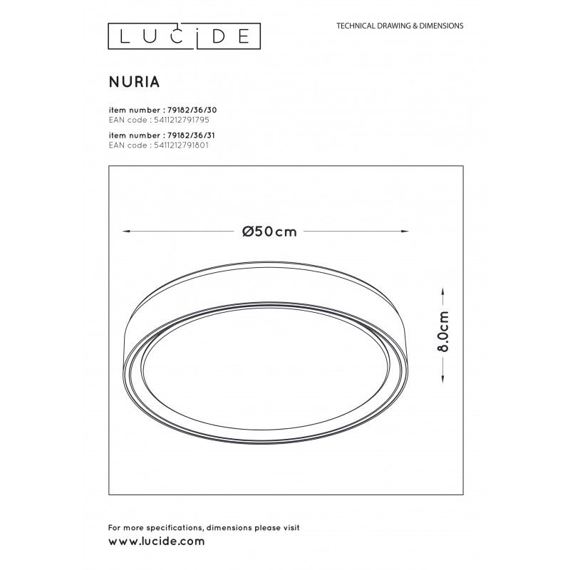 Lucide NURIA - Flush ceiling light - Ø 50 cm - LED Dim. - 1x36W 2700K - 3 StepDim - Black 79182/36/30