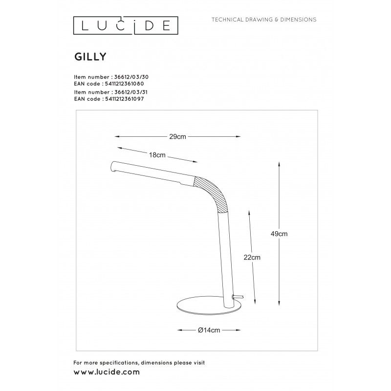 Lucide GILLY stolná lampa LED 3W H49 D14cm 4000K 240LM biela 12678389