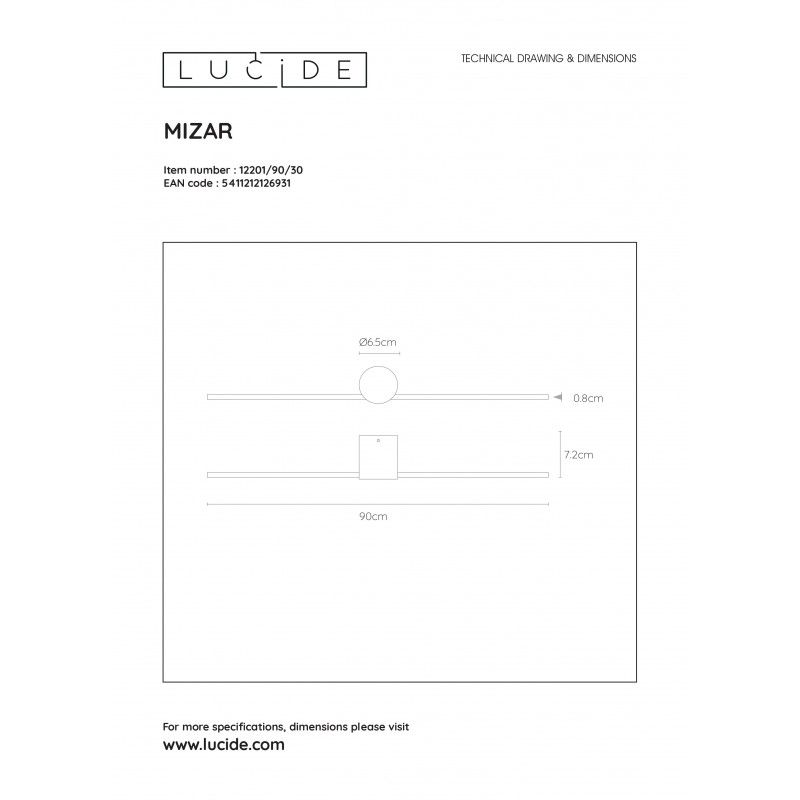 Lucide MIZAR nástenné svietidlo 90cm LED 10W IP44 čierne 12201/90/30