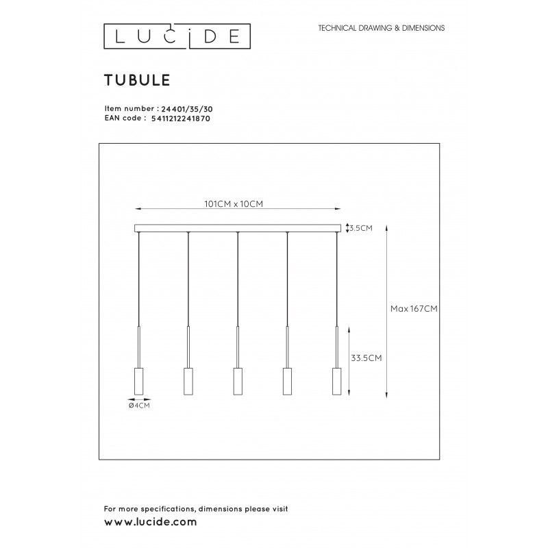 Lucide TUBULE závesné svietidlo LED 5x7W 2700K Black 24401/35/30