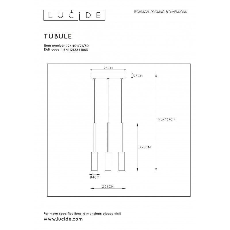 Lucide TUBULE závesné svietidlo LED 3x7W 2700K Black 24401/21/30