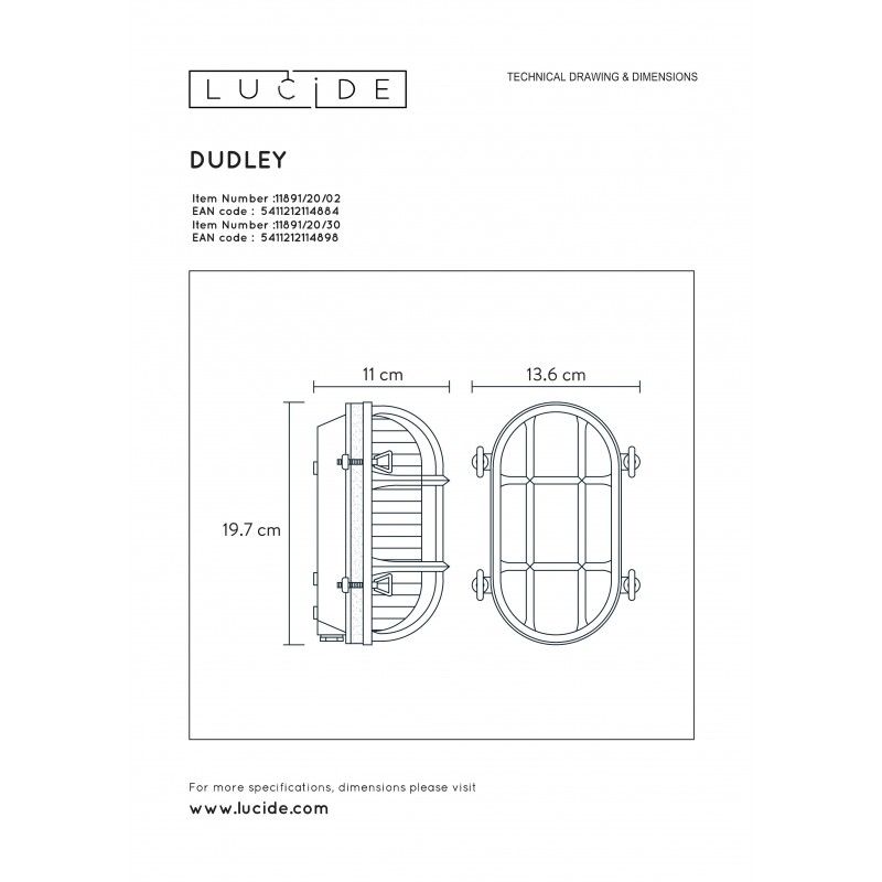 Lucide DUDLEY Outside Wall Light Oval IP65 E27/60W Black 11891/20/30