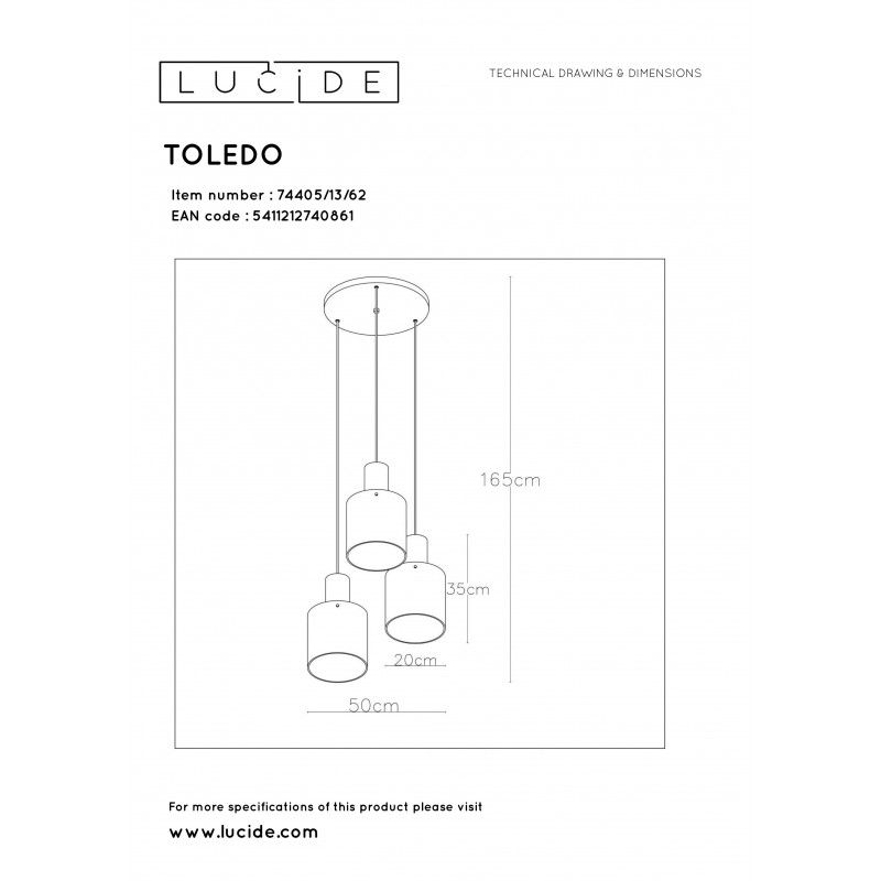 Lucide TOLEDO závesné svietidlo 3xE27/60W Copper/Glass Amber 74405/13/62