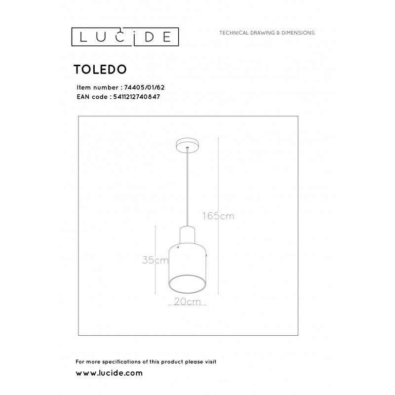 Lucide TOLEDO Pendant E27/60W Copper/Glass Amber 74405/01/62