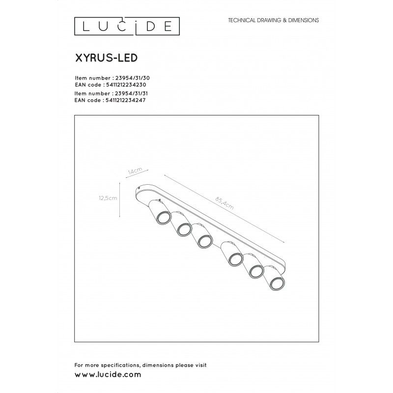 Lucide XYRUS Spot 6xGU10/5W incl. DTW W14 L84 H12.5cm Bla 23954/31/30