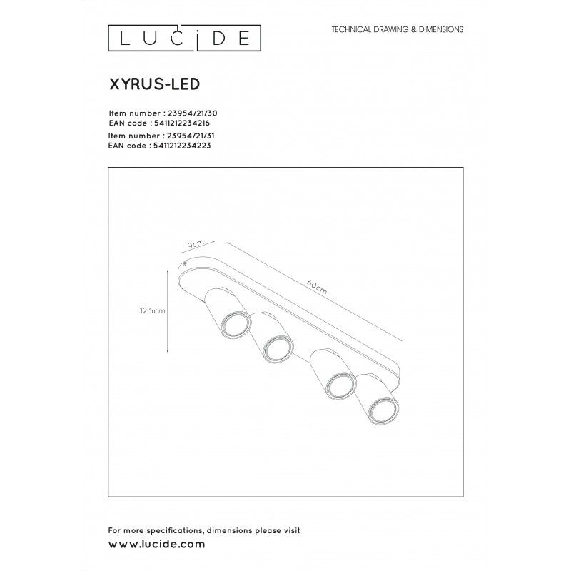 Lucide XYRUS Spot 4xGU10/5W incl. DTW W9 L60 H12.5cm Whit 23954/21/31