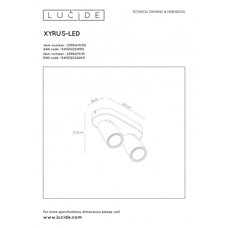 Lucide XYRUS Spot 2xGU10/5W incl. DTW W9 L20 H12.5cm Bla 8055393