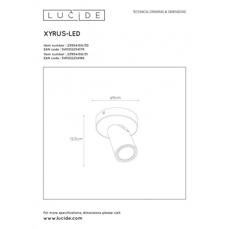 Lucide XYRUS Spot GU10/5W incl. DTW D9 H12.5cm White 23954/06/31