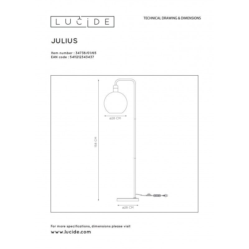 Lucide JULIUS Floor lamp E27/25W Smoke glass/ Back Marble 34738/01/65