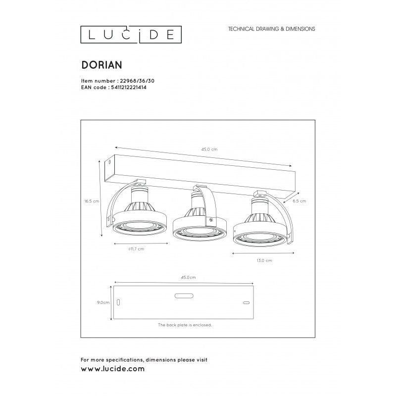 Lucide DORIAN - stropné svietidlo - 3xGU10 12W - Čierna 22968/36/30