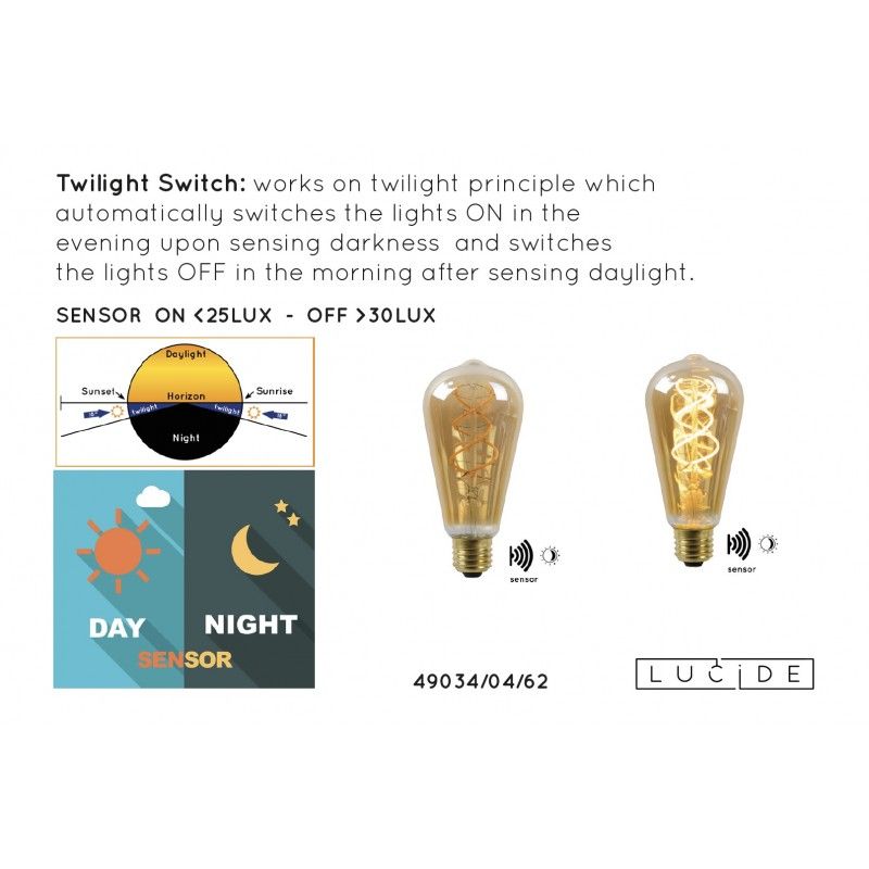 Lucide LED žiarovka TWLIGHTSWITCH SENSOR ST64 E27 4W Amber 49034/04/62
