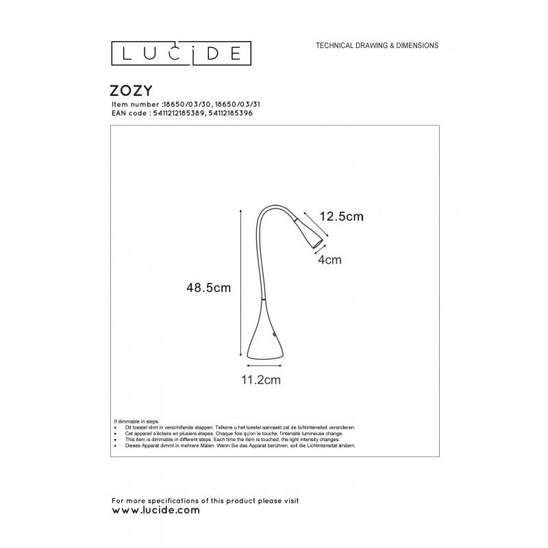 Lucide ZOZY Desk Lamp LED 3W 3000K 300LM H48cm 18650/03/30