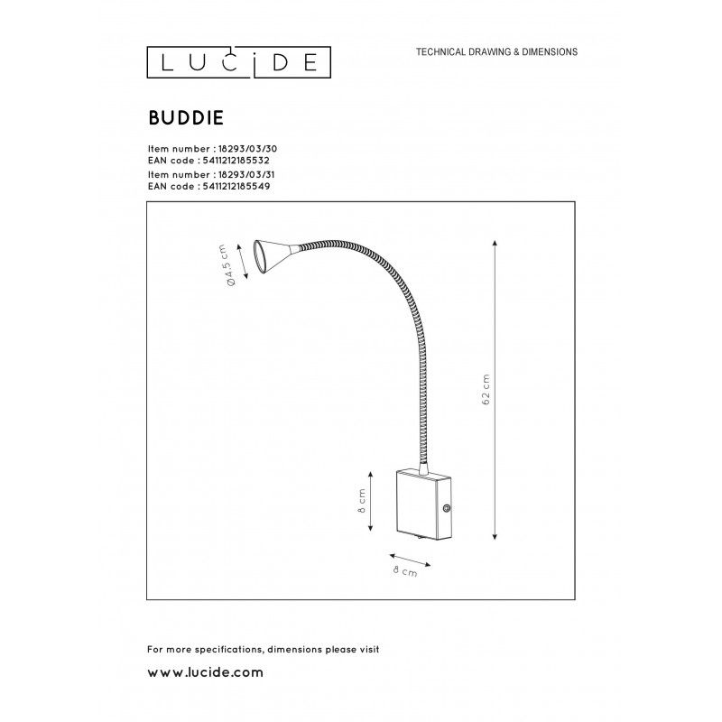 Lucide BUDDY nástenné svietidlo LED 3W flex L54 8x8x2 18293/03/30